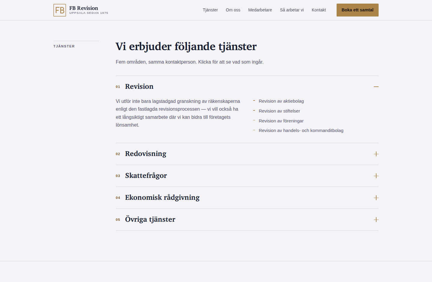 FB Revision, tjänstesektionen där varje område fälls ut och visar vad det omfattar